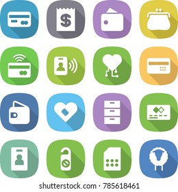 flat vector icon set - card vector, receipt, wallet, purse, tap to pay, pass, cardio chip, credit, pacemaker, archive, identity, do not distrub, sim, sheep