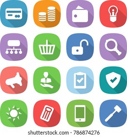 flat vector icon set - card vector, coin stack, wallet, bulb, structure, basket, unlock, magnifier, megafon, client, clipboard check, protected, sun, inflatable mattress, phone, meat hammer