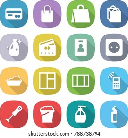 flat vector icon set - card vector, shopping bag, cleanser, credit, identity, power socket, washing, window, mobile phone, blender, foam bucket, liquid soap, toilet