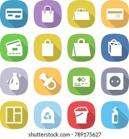 flat vector icon set - card vector, shopping bag, credit, cleanser, nipple, power socket, window, garbage, foam bucket, toilet