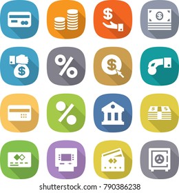 flat vector icon set - card vector, coin stack, investment, money, gift, percent, dollar arrow, hand, credit, library, atm, safe