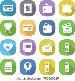 flat vector icon set - card vector, receipt, wallet, purse, cardio chip, credit, pacemaker, atm, do not distrub, sim, sheep, please clean