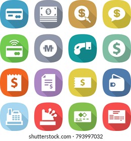 flat vector icon set - card vector, money, dollar arrow, message, tap to pay, crypto currency, hand coin, receipt, account balance, wallet, cashbox, credit, invoice