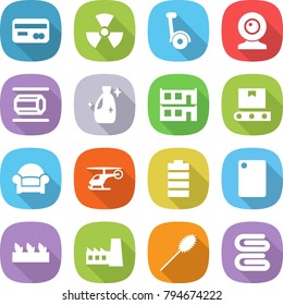 flat vector icon set - card vector, nuclear, gyroscooter, web cam, nano tube, cleanser, modular house, transporter tape, armchair, helicopter, battery, cutting board, seedling, factory, duster
