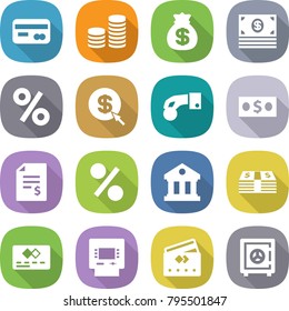 flat vector icon set - card vector, coin stack, money bag, percent, dollar arrow, hand, account balance, library, credit, atm, safe