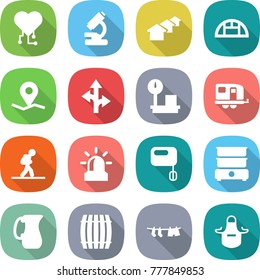 flat vector icon set - cardio chip vector, microscope, houses, greenhouse, geo pin, route, warehouse scales, trailer, tourist, alarm, mixer, double boiler, jug, barrel, drying clothes, apron