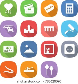 flat vector icon set - cardio chip vector, credit card, sale label, calculator, ambulance helicopter, castle, bridge, repair, landscape, flower in window, power socket, walnut crack, soil cutter