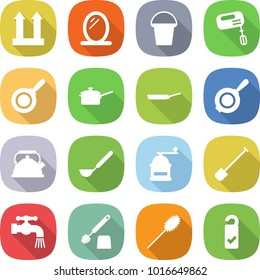 flat vector icon set - cargo top sign vector, mirror, bucket, mixer, pan, saute, kettle, ladle, hand mill, shovel, water tap, toilet brush, duster, please clean