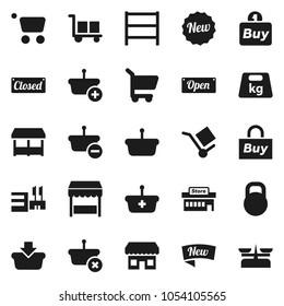 Flat vector icon set - cargo vector, weight, shelving, new, open, closed, market, store, mall, buy, basket, cart, scales