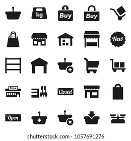 Flat vector icon set - cargo vector, warehouse, weight, shelving, new, open, closed, shopping bag, market, store, mall, buy, basket, cart, scales