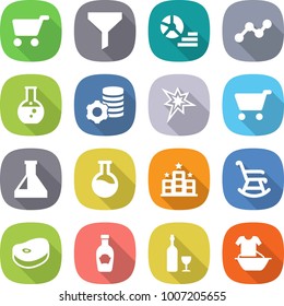 flat vector icon set - cart vector, funnel, diagram, graph, round flask, virtual mining, bang, hotel, rocking chair, steake, ketchup, wine, handle washing