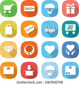 flat vector icon set - cart vector, sale, parachute, gift, shopping bag, label, delivery, diamond, necklace, heart, health care, package box