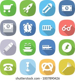 flat vector icon set - cart vector, rocket, pencil, money, alarm clock, battery, pacemaker, fountain, train, electricity, phone, laser, pretzel, rake