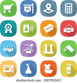 flat vector icon set - cart vector, shop signboard, pointer, calculator, medal, pass card, sale label, sun potection, cargo top sign, grill oven, pear, handle washing, do not distrub