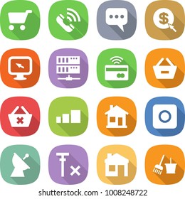 flat vector icon set - cart vector, call, message, dollar arrow, monitor, server, tap to pay, remove from basket, delete, sorting, home, ring button, satellite antenna, no signal, house