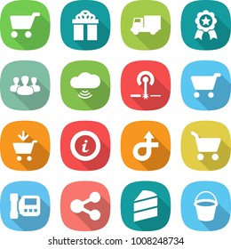 flat vector icon set - cart vector, gift, truck, medal, group, cloud wireless, laser, add to, info, trip, intercome, share, cake, bucket