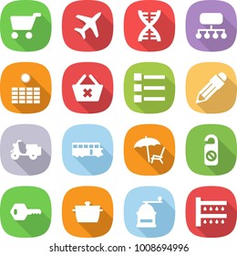 flat vector icon set - cart vector, plane, dna, structure, sun power, delete, list, pencil, scooter shipping, bus, lounger, do not distrub, key, pan, hand mill, watering