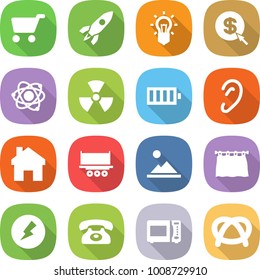 flat vector icon set - cart vector, rocket, bulb, dollar arrow, atom, nuclear, battery, ear, home, truck shipping, landscape, curtain, electricity, phone, microwave oven, pretzel