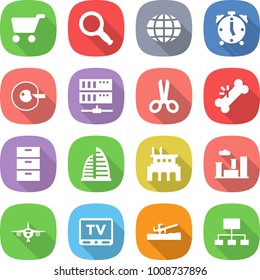 flat vector icon set - cart vector, magnifier, globe, alarm clock, cell corection, server, scissors, broken bone, archive, skyscraper, factory, city, plane, tv, soil cutter, hierarchy