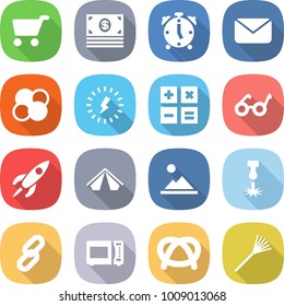 flat vector icon set - cart vector, money, alarm clock, mail, atom core, lightning, calculator, pacemaker, rocket, tent, landscape, laser, link, microwave oven, pretzel, rake
