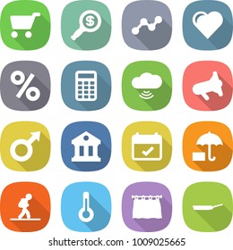 flat vector icon set - cart vector, dollar magnifier, graph, heart, percent, calculator, cloud wireless, megafon, male sign, library, terms, insurance, tourist, thermometer, curtain, pan