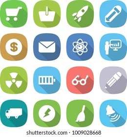 flat vector icon set - cart vector, basket, rocket, pencil, dollar, mail, atom, presentation, nuclear, battery, pacemaker, shipping, electricity, broom, bell