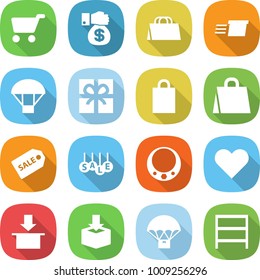 flat vector icon set - cart vector, money gift, shopping bag, delivery, parachute, sale label, necklace, heart, package, rack