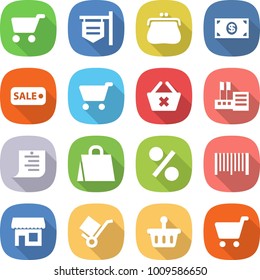flat vector icon set - cart vector, shop signboard, purse, money, sale, delete, store, shopping list, bag, percent, bar code, trolley, basket