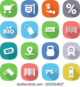 flat vector icon set - cart vector, shop signboard, investment, percent, bio, label, sale, bar code, ticket, geo pin, heavy, medal, trailer, do not distrub