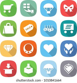 flat vector icon set - cart vector, gift, parachute, bow, shopping bag, sale label, delivery, diamond, necklace, heart, health care, package, pendant