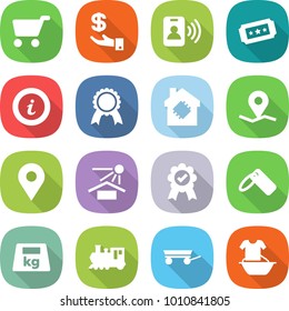 flat vector icon set - cart vector, investment, pass card, ticket, info, medal, smart house, geo pin, sun potection, label, heavy, train, trailer, handle washing