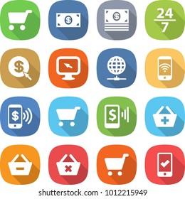 flat vector icon set - cart vector, money, 24 7, dollar arrow, monitor, globe connect, phone wireless, pay, mobile, add to basket, remove from, delete, checking