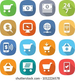 flat vector icon set - cart vector, money, 24 7, dollar arrow, monitor, globe connect, phone wireless, pay, add to, basket, remove from, delivery, mobile checking