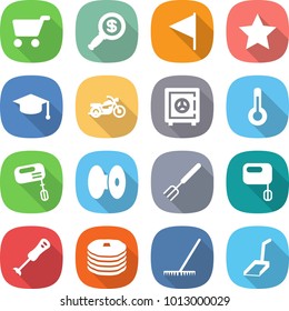 flat vector icon set - cart vector, dollar magnifier, flag, star, graduate hat, motorcycle, safe, thermometer, mixer, coil, big fork, blender, pancakes, rake, scoop