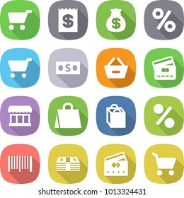 flat vector icon set - cart vector, receipt, money bag, percent, remove from basket, credit card, market, shopping, bar code