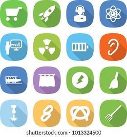 flat vector icon set - cart vector, rocket, call center, atom, presentation, nuclear, battery, ear, train, curtain, electricity, broom, laser, link, pretzel, fork