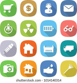 flat vector icon set - cart vector, dollar, call center, mail, rocket, nuclear, battery, pacemaker, pencil, home, gothic architecture, shipping, camera, hand drop, rake