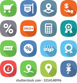 flat vector icon set - cart vector, shop signboard, pointer, investment, percent, sale, calculator, medal, info, geo pin, do not hook sign