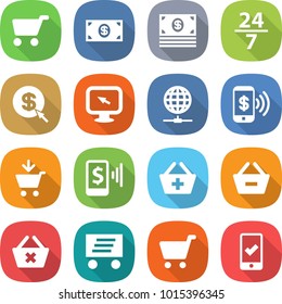 flat vector icon set - cart vector, money, 24 7, dollar arrow, monitor, globe connect, phone pay, add to, mobile, basket, remove from, delete, delivery, checking