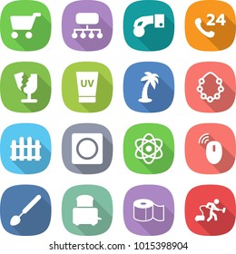 flat vector icon set - cart vector, structure, hand coin, phone 24, broken, uv cream, palm, hawaiian wreath, fence, ring button, atom, wireless mouse, big spoon, toaster, toilet paper