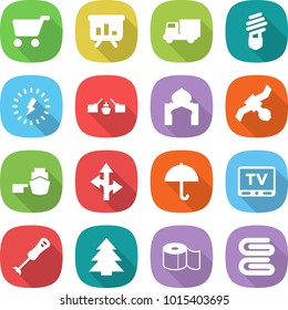 flat vector icon set - cart vector, presentation, truck, bulb, lightning, drawbridge, minaret, satellite, port, route, dry cargo, tv, blender, spruce, toilet paper, towel