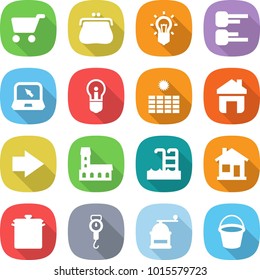 flat vector icon set - cart vector, purse, bulb, diagram, notebook, sun power, home, right arrow, mansion, pool, pan, handle scales, hand mill, bucket