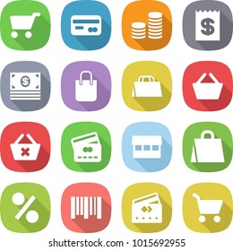 flat vector icon set - cart vector, card, coin stack, receipt, money, shopping bag, basket, delete, credit, market, percent, bar code