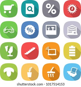 flat vector icon set - cart vector, search document, percent, sun power, smart glasses, tools, office, broken, stairs, laptop wifi, battery, mushroom, seedling, vacuum cleaner, floor washing