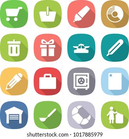 flat vector icon set - cart vector, basket, marker, circle diagram, bin, gift, scales, medical thermometer, pencil, suitcase, safe, cutting board, garage, ladle, croissant, garbage