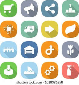 flat vector icon set - cart vector, loudspeaker, share, pedestal, chip, delivery, right arrow, liver, bridge, garage, trip, perishable, package, shark flipper, gears, sprayer
