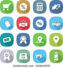flat vector icon set - cart vector, percent, calculator, up down arrow, label, sale, ticket, medal, geo pin, heavy, trailer, please clean