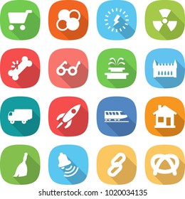 flat vector icon set - cart vector, atom core, lightning, nuclear, broken bone, pacemaker, fountain, gothic architecture, shipping, rocket, train, home, broom, bell, link, pretzel