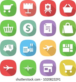 flat vector icon set - cart vector, billboard, presentation, basket, dollar coin, account balance, shopping bag, delivery, mall, plane, consolidated cargo, shop
