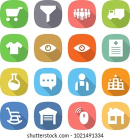 flat vector icon set - cart vector, funnel, team, truck, t shirt, eye, recipe, flask, sms, workman, hotel, rocking chair, garage, wireless mouse, house